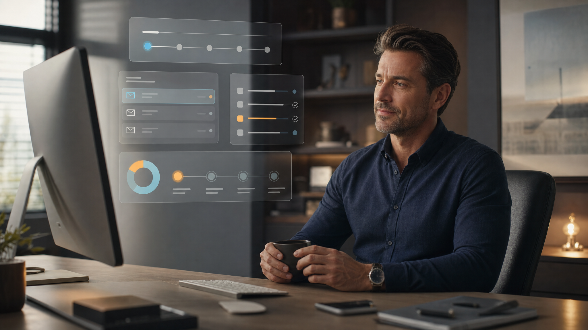Business owner calmly reviewing an organized AI brief with inbox, task, and deal tracking overlays
